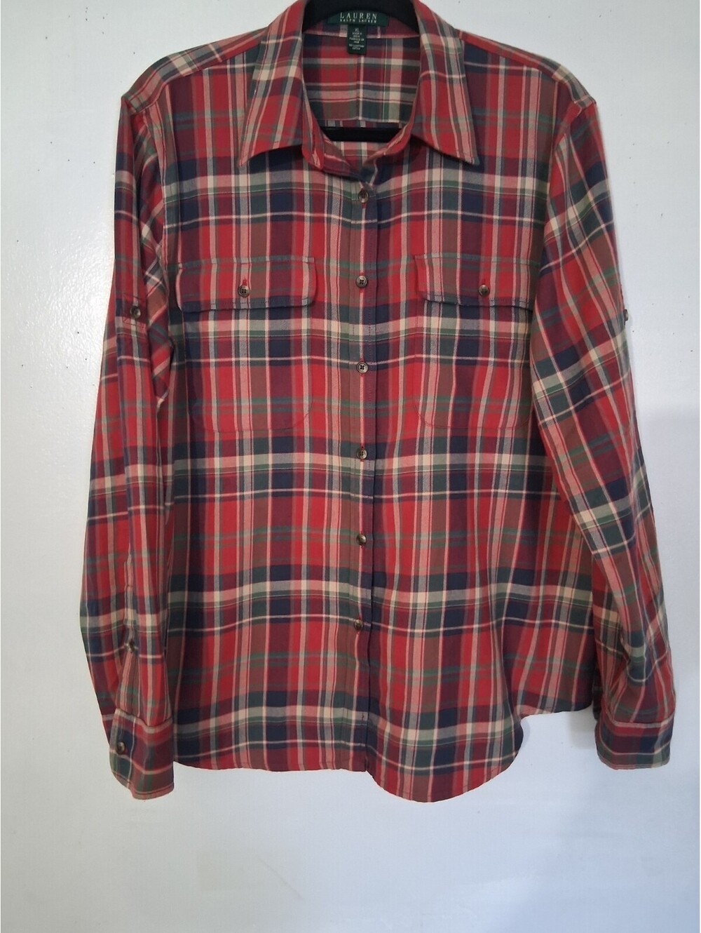 Lauren Ralph Lauren Women's Red Plaid Soft Flannel Roll Tab Sleeve Button Top, L